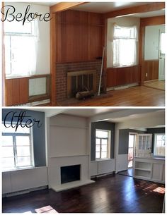 before and after pictures of an empty living room with wood paneling, windows, and fireplace