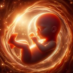 an image of a baby in the center of a circle with fire and stars around it