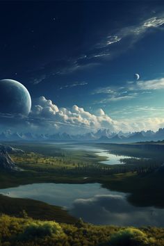 an artist's rendering of two planets in the sky over a lake and mountains