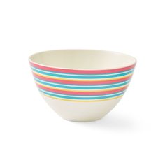 a white bowl with multicolored stripes on the rim and bottom, in front of a white background