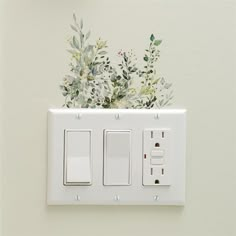 a white light switch sitting next to a wall with flowers painted on the switchesticks