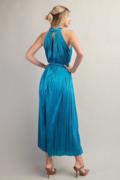 HALTER NECK PLEATED DRESS Features: High neck Front and back cutout details Pleated design Maxi length Fabric: 100% Polyester GD6318 Baby Clothes Sale, Curvy Jeans, Pleated Maxi Dress, Main Event, Capri Blue, Pleated Maxi, Curvy Dress, Clothes Collection, Pleated Dress