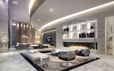 a modern living room with marble floors and white walls, along with a fireplace in the center