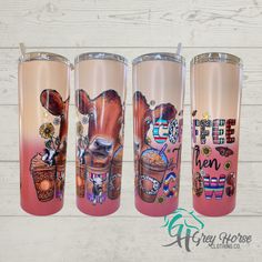 three different colored tumblers with designs on them