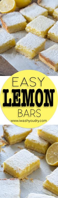 lemon bars with powdered sugar on top and the words easy lemon bars above them