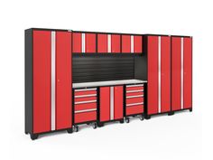 a red and black garage cabinet with two shelves on one side and three drawers on the other