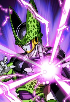 an animated image of a green and black character with purple lightnings in the background