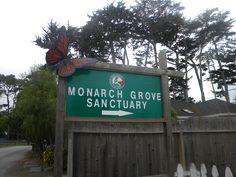 a sign for monarch grove sanctuary with a butterfly on top