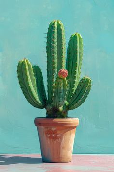 a cactus in a clay pot on a table with a blue wall and pink floor