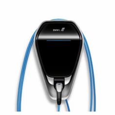 the charger is plugged in and connected to an external power cord with blue cords