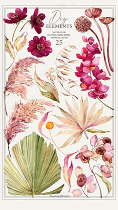 an illustration of flowers and leaves on a white background with the words botanical elements written below