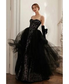 Get 10% off now! Buy unique black tulle with bling sequins long prom dress with spaghetti straps at cheap price online. Free stable shipping and pro custom service since 2009. Wednesday Vibes, Gothic Wedding Dresses, Gowns Princess, Gothic Era, Prom Dresses Long Black, Prom Dresses Ideas, Gothic Gowns, Disney Princess Dress, 2022 Prom Dresses