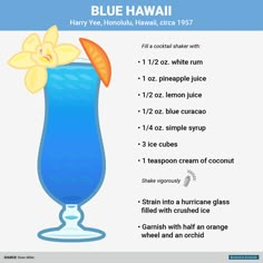 the blue hawaiian cocktail recipe is shown in this graphic above it's ingredients and instructions