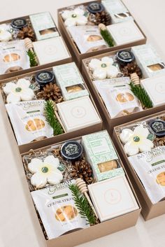 six boxes filled with different types of cookies and candies on top of a table