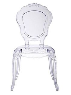 a clear plastic chair with a mirror on the back of it's seat and legs