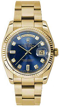 118238 ROLEX DAY-DATE MEN'S OR WOMEN'S LUXURY WATCH Store Display Model (What's This?) - Free Overnight Shipping - With Manufacturer Serial Numbers - Swiss Made - Blue Dial Set with Diamonds - 10 Diamonds Set on Dial - Solid 18k Yellow Gold Fluted Bezel - Day and Date Features - Self-winding Automatic Chronometer Movement - 6 Year Warranty - Guaranteed Authentic - Certificate of Authenticity - Manufacturer Box & Manual - Solid 18k Yellow Gold Case & Oyster Bracelet - Scratch Resistant Sapphire Crystal - 100 Meters / 330 Feet Waterproof - 36mm = 1 1/3" Case, 6.5" Adjustable Bracelet - Deployment Buckle - Screw Down Crown & Caseback - Free Bracelet Sizing     Also Known As Model # 118238 BLUDFO Rolex Women, Rolex Men, Authentic Watches, Womens Watches Luxury, Rolex Oyster Perpetual, Free Bracelet, Luxury Products, Rolex Oyster, Rolex Day Date