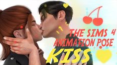 a man and woman kissing each other in front of a colorful background with the words, the simss animation poe kiss