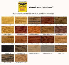 the color chart for wood finish stain is shown in various colors and sizes, including brown