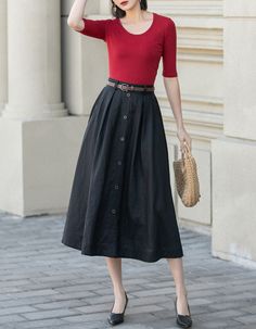 "DETAIL * 100% Linen * Two side pockets * Back elastic waist * Button down skirt * Button front skirt * Below Knee Length * A Line skirt, Midi skirt * Perfect for Spring, Summer and Autumn * Wash by hand or machine with cold water * Model's belt is not sale item * The model is 170 cm (5′ 7″) tall with a 80 cm (31.5\") bust, 66 cm (26\") waist. She is wearing in size XS. CUSTOM MADE SERVICE If you * Change other color * Can't find your size in our size Chart * Change the Style * Change the length * Your Height is not Between 5'1\" - 5\"9\" * Your weight is not Between 47 kg - 75kg I can do it for you, It will need some extra fee depending on on your need. Contact with me for more detail. SIZE GUIDE Size vary between Brand and Country Please get your body measurement with our Size Guide And Classic Black Pleated Maxi Skirt, Black Pleated Maxi Skirt For Office, Classic Black Flared Maxi Skirt, Classic Black Maxi Skirt For Spring, Black Office Skirt For Summer, Black Linen Skirt, A Line Skirt Midi, Custom Skirt, Linen Midi Skirt