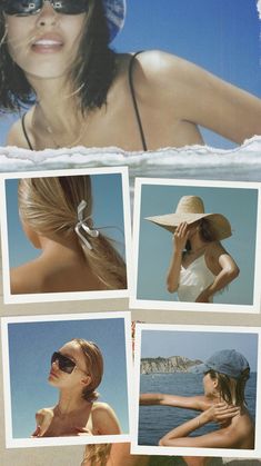 a woman wearing sunglasses and a hat on top of her head, with multiple pictures of the same person