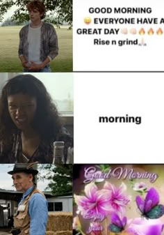 four different pictures with the words good morning, everyone have a great day and rise n'grind