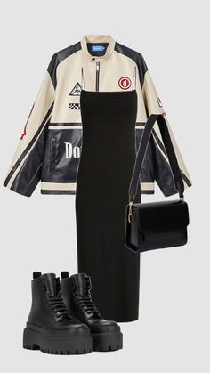 race jacket summer outfit | midi black dress outfit | skims dress outfit idea | summer outfit inspiration | black boots | black bag | grunge outfit idea | evening outfit inspiration Midi Black Dress Outfit, Race Jacket Outfit, Outfit Ideas Jacket, Jacket Summer Outfit, Midi Black Dress, Jacket Summer, Grunge Outfit