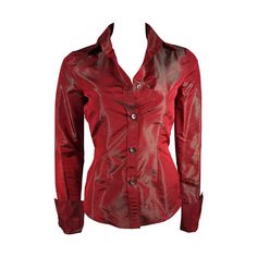 This Romeo Gigli blouse is composed of an red-iridescent fabric with center front button closures. Made in Italy. Measures (Approximately) Length: 26.5" Sleeve: 30" Shoulder to shoulder: 14.5" Bust: 37" Waist: 28" Lizzie Hearts, White Fur Coat, Romeo Gigli, Red Satin Dress, Military Jacket Green, Fashion Tops Blouse, Cute Lazy Outfits, Future Outfit, Burgundy Velvet