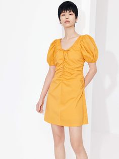 MO&Co. Women's Gathered Detail Mini Dress Features : - Mini length- Self-tie front details- Gathered front and side seam design- Short balloon sleeves, elasticized cuffs Code: MBC2DRST10 & MBD2DRST09The back length of size S is 77.5cmMATERIALS & CARE Material: 68.3% Cotton 28% Polyamide 3.7% SpandexOur sizes might be a little different from US/EU sizes. Please refer to the size guide carefully before purchasing at the above description.REMINDER: All items are measured manually. Please note that