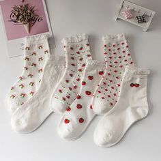 Strawberry Cherry Cotton Cartoon Women Socks Heart Flower Prints Socks Cute Animal Funny Ankle Flower Crew, Lace Stockings, Clothes Making, Cartoon Heart, Invisible Socks, Red Strawberry, Strawberry Print, Women Socks