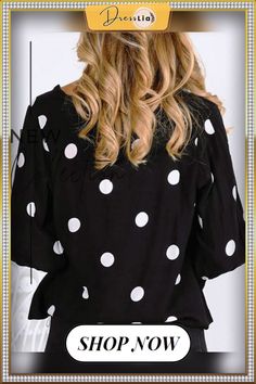 Dot Ruffles Cuff Tied Detail Casual Blouse P11294 Polka Dot Long Sleeve Blouse For Brunch, Long Sleeve Polka Dot Blouse For Brunch, Long Sleeve Polka-dot Blouse For Brunch, Chic Polka Dot Blouse For Brunch, Fashion Materials, Color Pick, Measurement Chart, Casual Blouse, Waist Length