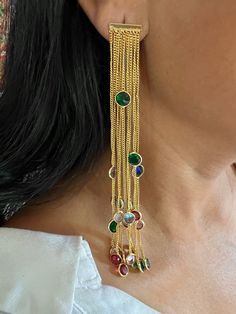 Bollywood Style Long Danglers ♥️ One of a kind. Handcrafted in brass with gold plating and beautiful stones. Pick them up and make a bold stunning statement! Length of earrings: 13 cm. Width of earrings: 2 cm. Weight per pair: 18 grams. Elephant Bangle, Stone Necklace Set, Elephant Earrings, Indian Earrings, Stylish Earring, Gemstone Studs, Lovely Earrings, Brass Earrings, Elegant Earrings