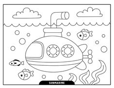 a submarine in the ocean with fish and bubbles on it's surface coloring page