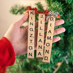 a hand holding wooden scrabbles that spell out the names of christmas trees