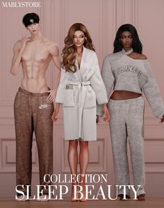 three models in pajamas standing next to each other with the caption collection sleep beauty