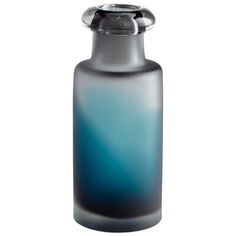 a blue and gray glass bottle with a silver top