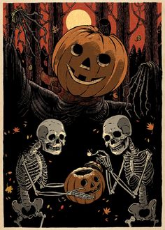 two skeletons holding hands in front of a pumpkin