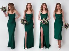 three beautiful women in green dresses standing next to each other