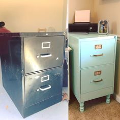 two pictures side by side one has a filing cabinet and the other has a computer on top