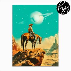 a man riding on the back of a brown horse next to an alien like object