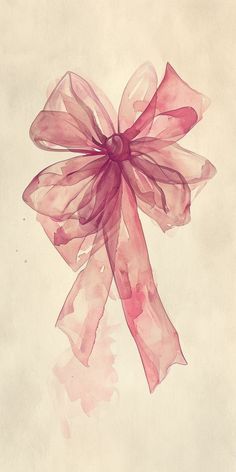 a pink bow on top of a piece of paper with watercolor paint over it