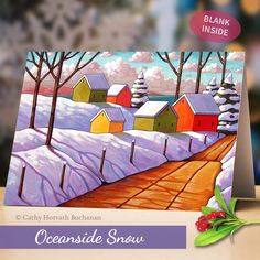 a card with a painting of houses in the snow