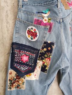 "Ready to send:Size-34, 33,32,31,36 unique vintage jeans One of a kind.. Hand made embroidery and unique patches. ---Or---- Made to order, in any size, within 15 working days . If you need different size, please send me a message and I will make you a special and unique design within 15 working days. They are all different! No one will have the same one as you have! Hand painted, one of kind jeans. You pick your size, model (slim- boyfriend- high waist- low waist) and primer color and you will g Denim Blue High Rise Bohemian Jeans, Bohemian Blue Denim Jeans With Pockets, Bohemian High-rise Jeans In Denim Blue, Bohemian High Rise Denim Blue Jeans, Spring Straight Leg Jeans With Patches, Festival Straight Leg Denim Jeans, Vintage Jeans With Patch Pockets For Spring, Reworked Straight Leg Cotton Jeans, Spring Vintage Jeans With Patch Pockets