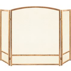 an old style wooden screen with white mesh on the top and bottom panel, open to reveal