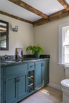 a bathroom with blue cabinets and a toilet next to a window in the room that has a potted plant on top of it