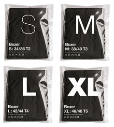 four packages of black and white clothing with the letter m on them