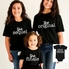 Matching funny sibling shirts. Family shirts. The price is for each INDIVIDUAL SHIRT, not a set. HOW TO ORDER A SET: Choose the size of shirt you want and click add to cart, then you'll need to repeat this step for each desired design. In the Personalization Box, type the shirt colors and letter colors. SIZING & MATERIALS *PLEASE REVIEW THE CHARTS IN THE PHOTOS for sizing, material, and colors.* **sizes preemie and newborn are available but in WHITE baby bodysuits ONLY** **0-3 months is availabl The Original The Sequel The Finale, Big Sibling Shirts, Sibling Shirts For Four, Sibling Shirts For 3, Funny Sibling Shirts, Big Brother Announcement Shirt, Wc Ideas, Matching Sibling Shirts, Pregnancy Announcement Sibling