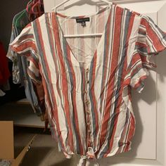 Perfect Condition - Never Worn Message For Questions! Casual Brown Top With Button Closure, Casual Brown Tops With Button Closure, Cute Striped Fall Tops, Cute Striped Tops For Fall, Striped V-neck Top With Buttons, Multicolor Tops With Button Closure For Day Out, Brown Tops With Button Closure For Day Out, Cute Button-up Tops For Day Out, Trendy Striped Tops With Buttons