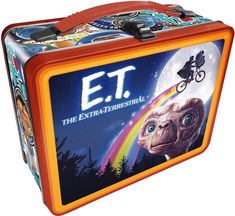 a lunch box with an image of a man riding a bike on the front and rainbow in the back