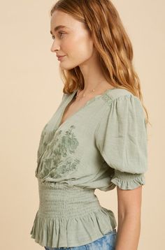 We hear neutrals are in and not going anywhere! Here's a flirty twist on your favorite neutral color. This gorgeous tone on tone embroidered top features a Lace trim, V-neck neckline, Lace inset accents, & smocked waist and sleeves. Specifications: 100% Rayon - Lining 100% Polyester Lace 100% Cotton Smocked waist Smocked and bubble short sleeves Lace trim Tone on tone Embroidery Color: Sand Sizing: Small - Bust 34"-35" Waist 27"-29" Hips 36"-38" Medium- Bust 36"-39" Waist 30"-32" Hips 39"-41" La Cheap Green Tops With Smocked Bodice, Chic Smocked Blouse, Trendy Floral Print Smocked Top, Affordable Cotton Smocked Top With Floral Print, Cheap Cotton Smocked Top With Floral Print, Cheap Chic Smocked Top For Beach, Cheap Spring Blouse With Smocked Back, Luxury Summer Chic Smocked Top, Cheap Spring Blouse With Smocked Cuffs