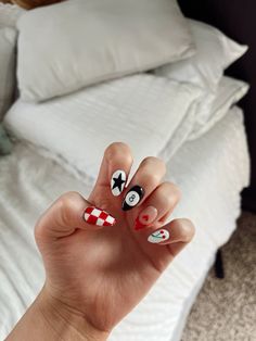 red, black and white nails! Black Red White Nails Design, Red Black And White Short Nails, Red Punchy Nails, Nail Day Outfit, Red Western Nails Acrylic, Red And White Checkered Nails, Red And Black Western Nails, Vegas Nfr Nails, Crazy Red Nails